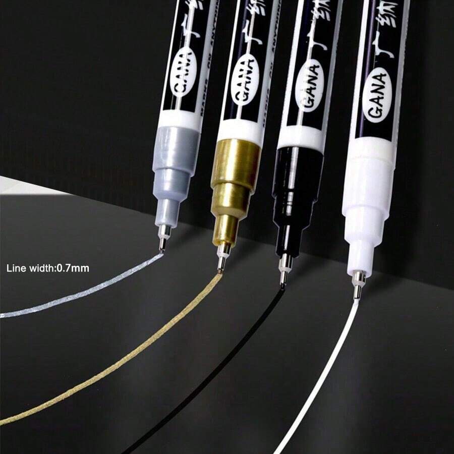 Caneta Marcadora de Tinta Tipo Agulha com Ponta de 0,7mm, Marcador Permanente, 4 Cores (Dourado, Prata, Preto, Branco) Para Retoque de Modelos em Metal, Brinquedos, Madeira, Pedras, Pintura de Pneus, Cartões de Saudação, DIY, Volta às Aulas - Multicolorido - Visão 1