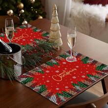 1/4/6 Stücke Set bedruckte Tischsets für fröhliche Weihnachten, Weihnachtsbaum Stil, Polyesterfaser Küchen-/Esszimmer Tisch Dekorationsstoff, geeignet für Weihnachtsdekoration in Restaurants und Küchen.