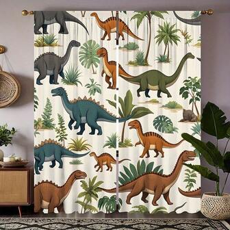 2pcs High-Definition Dinosaur Pattern Curtains Room Vase Decoration Childlike Digital Printing Curtains Home Decoration Style Decor Living Room Bedroom Rod Curtain Effect Style Bedroom Study Window