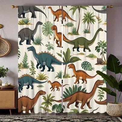 2pcs High-Definition Dinosaur Pattern Curtains Room Vase Decorationlike Digital Printing Curtains Home Decoration Style Decor Living Room Bedroom Rod Curtain Effect Style Bedroom Study Window