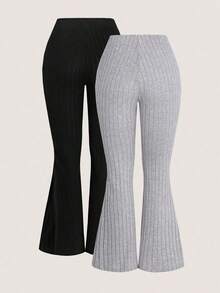 2pcs/Set Tween Girls' Solid Color Ribbed Flare Pants, Casual & Versatile - Multicolor - View 2