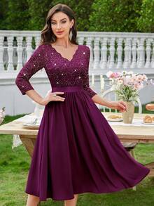 MIUSOL Elegant Maroon V-Neck Sequin Lace Ruched Chiffon A-Line Flowy Hem Midi Dress, 3/4 Sleeves, For Wedding Guest, Cocktail Party, Graduation Or Formal Evening Events - 紫紅色 - 查看 3