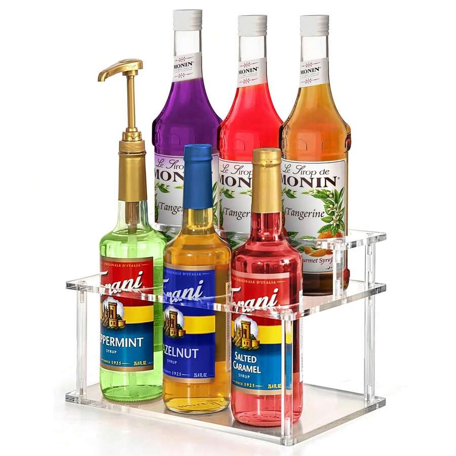 Wine Bottle Organizer -2-Layer Acrylic Bottle Display Rack For Kitchen Storage | Acrylic, Coffee Syrup, Baijiu, Wine Flavoring And Beverage Station Organizer With Layered Shelves