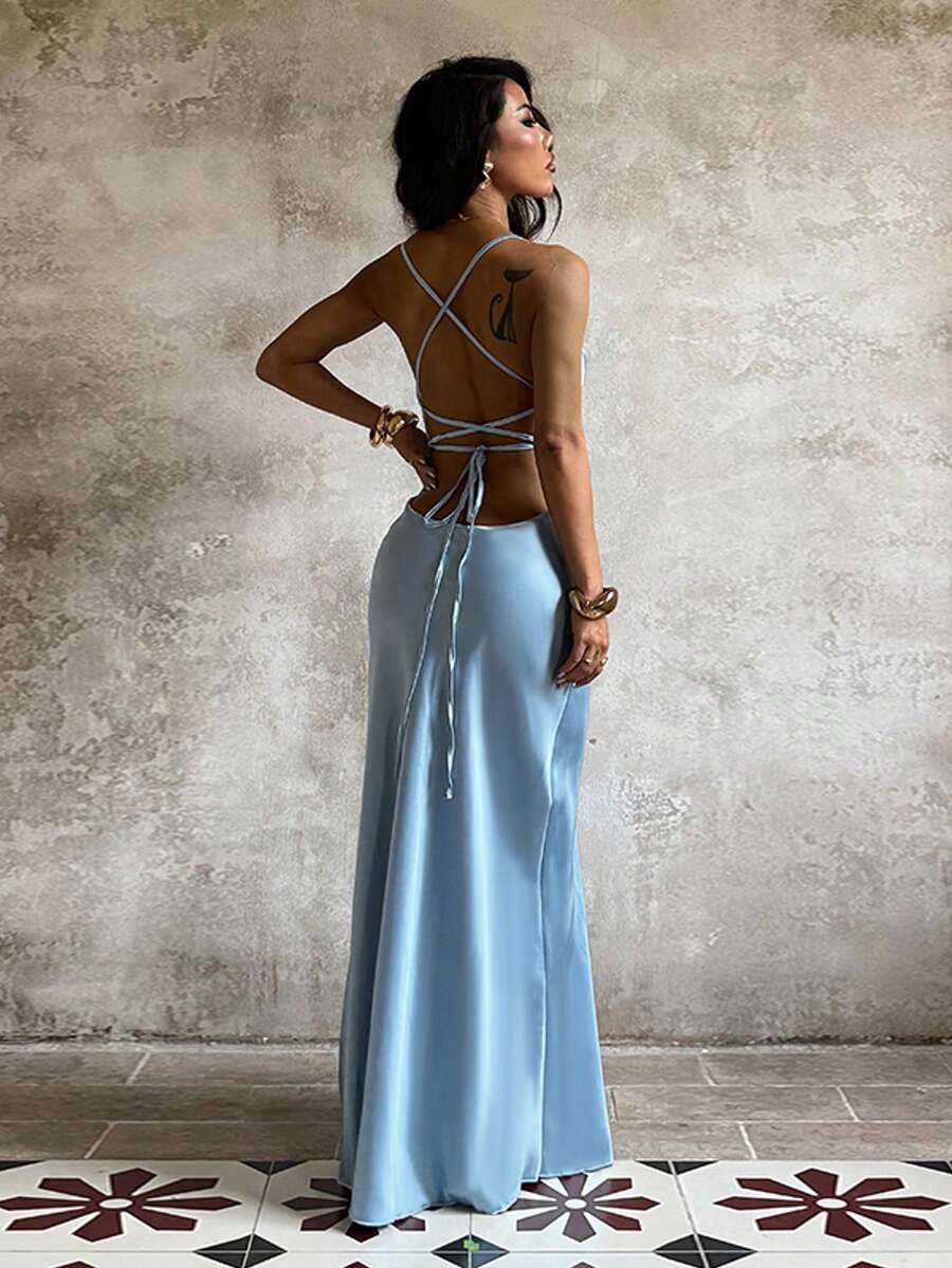 1 pieza Vestido elegante de un solo color con espalda descubierta y cruzado, apropiado para fiestas, bodas y todas las estaciones