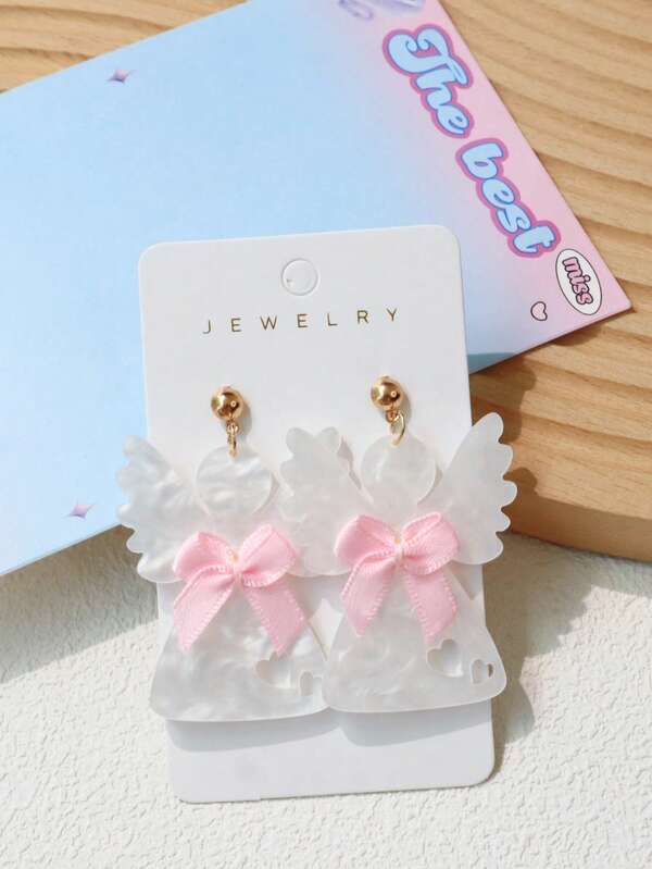 1 Pair Acrylic Bowknot Ripple Bling Bling Angel Earrings, Cute Pink Elegant Angel Shaped White Earrings, Festive Atmosphere Women's Gift Earrings, Suitable For Autumn/Winter