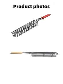 2/4 件不粘烧烤篮 - 耐用金属带木柄，黑色 - 便携式木炭烧烤工具，适合露营、野餐、徒步旅行 - 均匀受热，易于清洁，可烤肉、蔬菜等，徒步旅行必备实用烹饪设计不粘表面，户外烧烤配件 - 彩色 - 查看 3