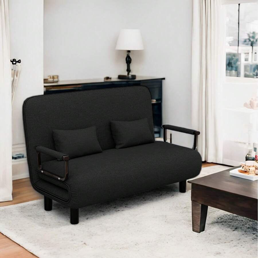 Foldable Double Sofa Bed Convertible Angle Adjustable Headrest Entire Mattress Sponge Linen fabric Suitable for iving Rooms and Bedrooms Blue Color