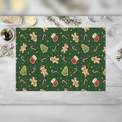 1 pieza/4 piezas/8 piezas Manteles individuales con diseño de hombrecillo de jengibre y árbol de Navidad, "Feliz Navidad", estilo rústico de invierno navideño, decoración temática de vacaciones y Año Nuevo, decoración de mesa de cocina y comedor del hogar, decoración elegante de mesa, accesorios de restaurante, 12x18 pulgadas