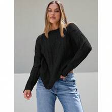 2025  Women's Oversized Cable Knit Crewneck Sweaters - 黑色 - View 2
