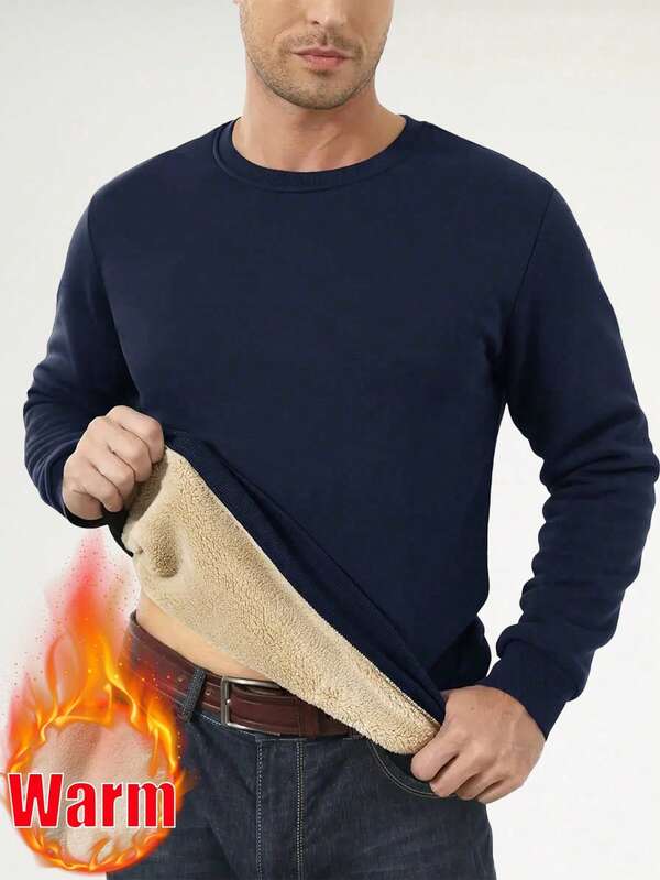 Moletom masculino casual com forro térmico e gola redonda, outono/inverno