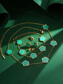 4件套时尚优雅五瓣花首饰套装 - 项链、耳环、手链，18K镀金不锈钢材质，男女皆宜，适合日常佩戴、婚礼、情人节礼物 - 金五葉草耳環項鍊手鍊套裝 - 查看 7