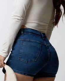 Short Denim Skirt With Side Slit And Shiny Darts 34 To 52 - 深色水洗藍 - 查看 2