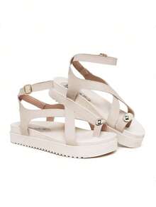 Sandals With Cross Straps, Summer Flat Sandals, Toe Decoration - Beis - Ver 5
