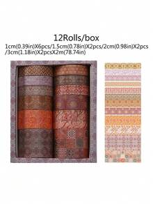 12 rollos/caja de cinta washi, diseños florales vintage, estampados ordenados, se puede usar para creaciones únicas de diarios, elaboración de diarios con estilo vintage, creación de bordes para fotos, adecuado como regalo para amantes de la artesanía hecha a mano, estudiantes y trabajadores de oficina para regalos cotidianos, regalos de cumpleaños