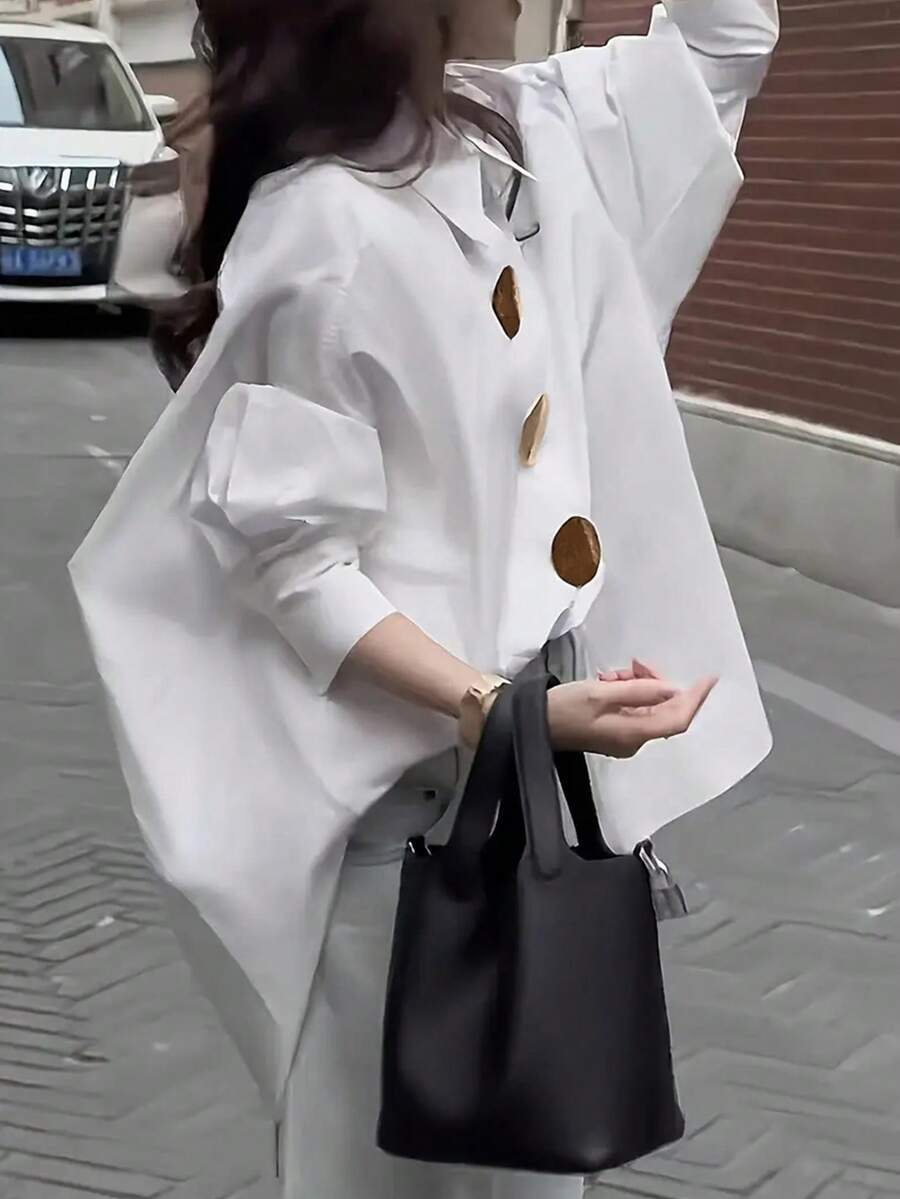 女士休闲宽松翻领大扣衬衫 白色 春季 - 白色 - 查看 1