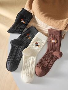2/4 Pairs Women's Solid Color Dog Embroidered Mid-Calf Socks, Soft & Fashionable, Suitable For Daily Wear, Random Colors - Multicolor - View 8