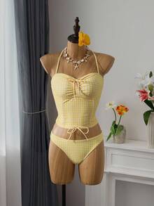 Bellisia Conjunto de 3 peças de camisola estampada xadrez feminina, top tankini e saia fofa para resort de férias