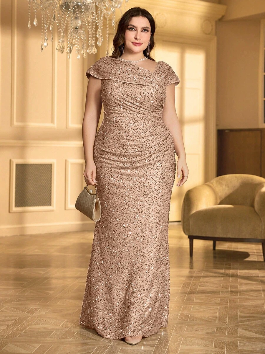 大码亮片褶饰不对称领口礼服派对礼服婚礼宾客礼服晚礼服、新娘礼服、生日女士服装、毕业礼服 - 杏色 - 查看 1