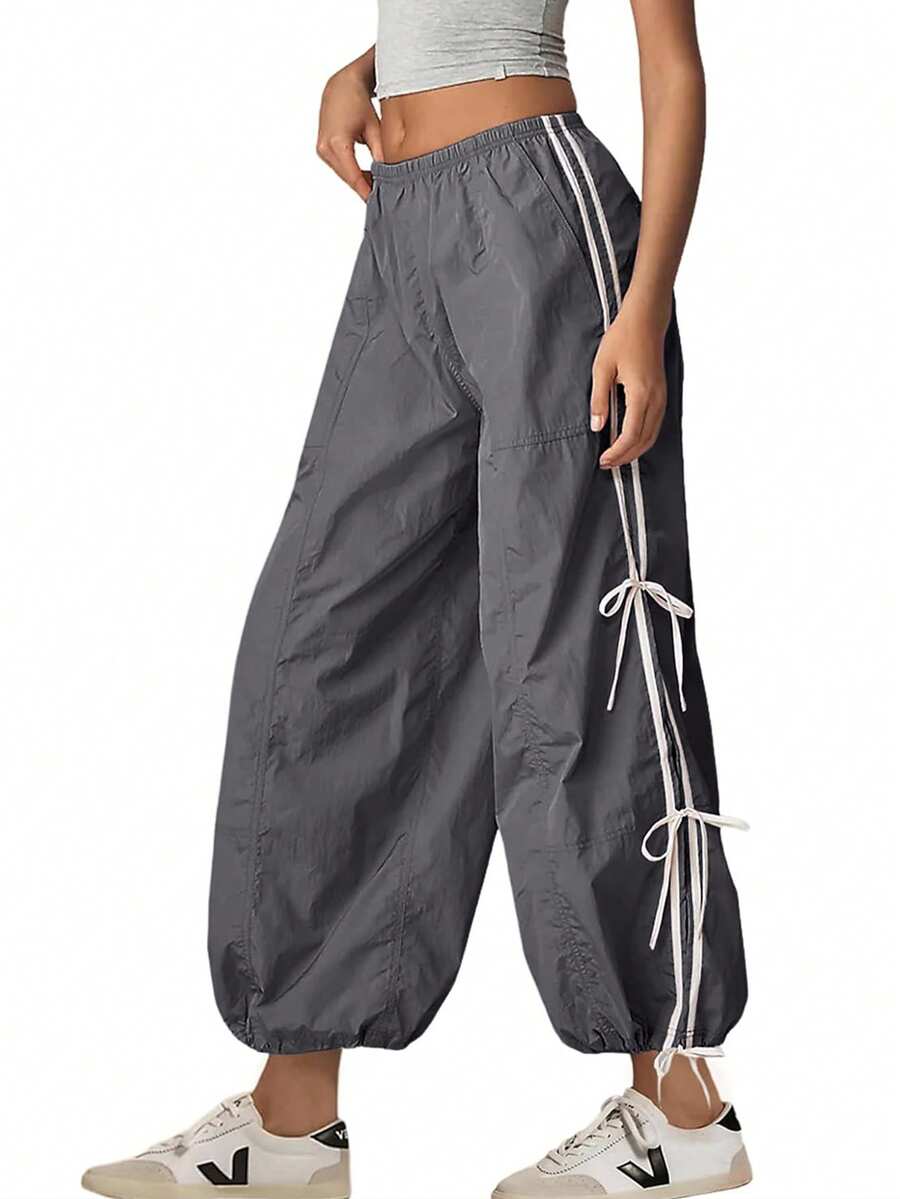 Women's Parachute Pants Elastic High Waist Full Twist Mountaineering Bib Pants Trousers - 深灰色 - 查看 1