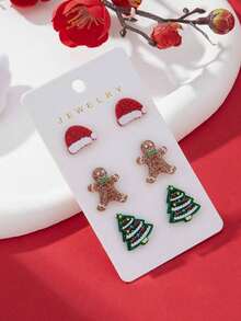 3 Paar/Set Acryl Weihnachtsmann Mütze, Lebkuchenmann, Weihnachtsbaum Design Ohrstecker, bunter Weihnachtsschmuck für Frauen, perfektes Geschenk für Weihnachtspartys