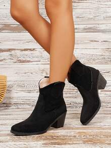 Women's Retro Chunky High Heel V-Cut Pointed Toe Ankle Boots, Versatile European Style Plus Size, Spring/Autumn