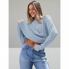 2025  Women's Oversized Cable Knit Crewneck Sweaters - 淡藍色 - 查看 4