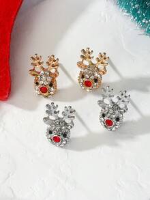 1 Pair Crystal Deer Head Stud Earrings, Suitable For Daily Wear, Parties, Christmas And Other Occasions - Elk Earrings - View 3