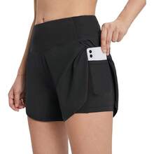Pptabold Short Deportivo Mujer 2 In 1, Licra para Mujer Corta con Bolsillos, Short para Correr Mujer Casual Playa Biker Gym Running Entrenamiento - Negro + G - Ver 2