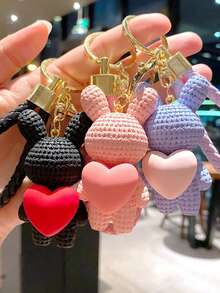 1pc Cute Cartoon Heart Knitted Car Key Chain Pendant, Couple Rabbit & Bear Keychain, Lovely Plush Christmas Gift