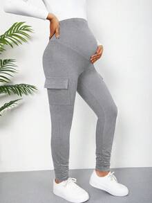 Maternity Grey/Light Grey Slim Cargo Pants With Abdominal Support Design, High Stretch Knit Fabric Elastic Waistband, Ruched Ankle Ruffle Detail, Comfortable For Daily Work, Casual And Home Wear Spring - Grey - View 3