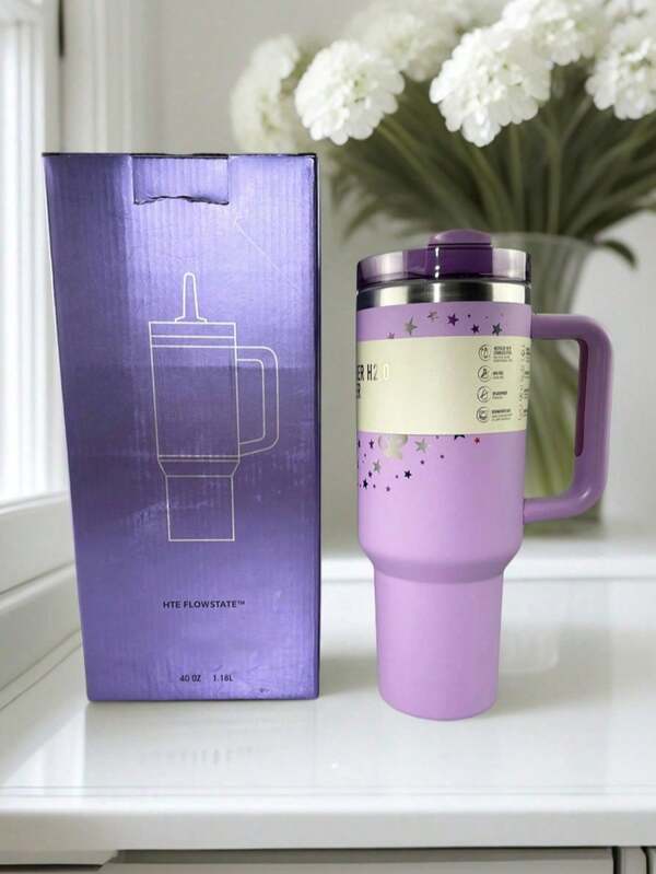 1pc 40 Oz H2.0 Tumbler With Handle, Double Walled Vacuum Insulated Stainless Steel Water Bottle Premium Summer Drinkware Portable Handy Flask Travel Mug Iced Coffee Cup For Outdoor Camping, Hiking, Driving, Travel, Perfect Gift Idea