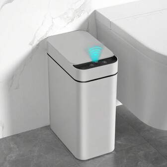 Ljia Automatic Motion Sensor Bathroom Trash Can With Lid, 2.7 Gallon/4 Gallon Touchless Trash Bin, Electric Waterproof Narrow Small Rubbish Can, Smart Plastic Slim Garbage Can Small White& Grey Wastebasket For Kitchen, Toilet, Office, Rv, Bedroom, Living Room
