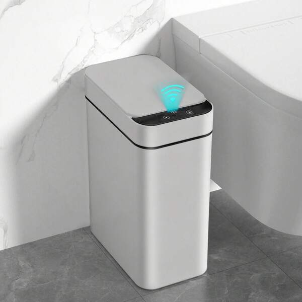 Ljia Automatic Motion Sensor Bathroom Trash Can With Lid, 2.7 Gallon/4 Gallon Touchless Trash Bin, Electric Waterproof Narrow Small Rubbish Can, Smart Plastic Slim Garbage Can Small White& Grey Wastebasket For Kitchen, Toilet, Office, Rv, Bedroom, Living Room