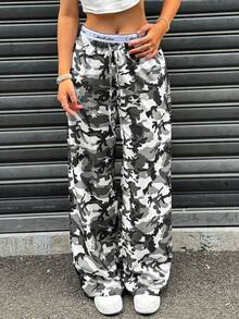 Women's Casual Camouflage Printed Drawstring Wide Leg Pants, Women's Autumn And Winter Clothing, Fashionable Women's Clothing, Halloween Costumes - Xám - Xem 4