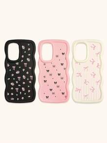Black White Pink Bowknot Fashion Phone Cases 3pcs Dopamine Themed Wavy Edge Bowknot Pattern Phone Cases Compatible With IPhone & Galaxy Phones Spring Gift - Multicolor - View 21