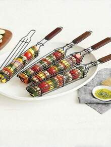 2/4 件不粘烧烤篮 - 耐用金属带木柄，黑色 - 便携式木炭烧烤工具，适合露营、野餐、徒步旅行 - 均匀受热，易于清洁，可烤肉、蔬菜等，徒步旅行必备实用烹饪设计不粘表面，户外烧烤配件 - 彩色 - 查看 10