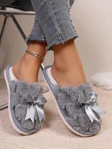 Women's Simple Casual Cute Bowknot Plush Slip-On Slippers, Lightweight Soft Sole Indoor House Slippers With Warm Lining, Suitable For Living Room And Bedroom, Spring/Autumn