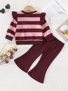 2pcs Baby Girls Casual Minimalist Spring/Autumn New Striped Round Neck Long Sleeve Bow Decor Top & Solid Color Flare Pants Set - Multicolor - View 3