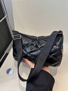 1 pieza Bolso bandolera acolchado de poliéster brillante con cremallera, de moda para uso diario de mujeres - Negro - Ver 6