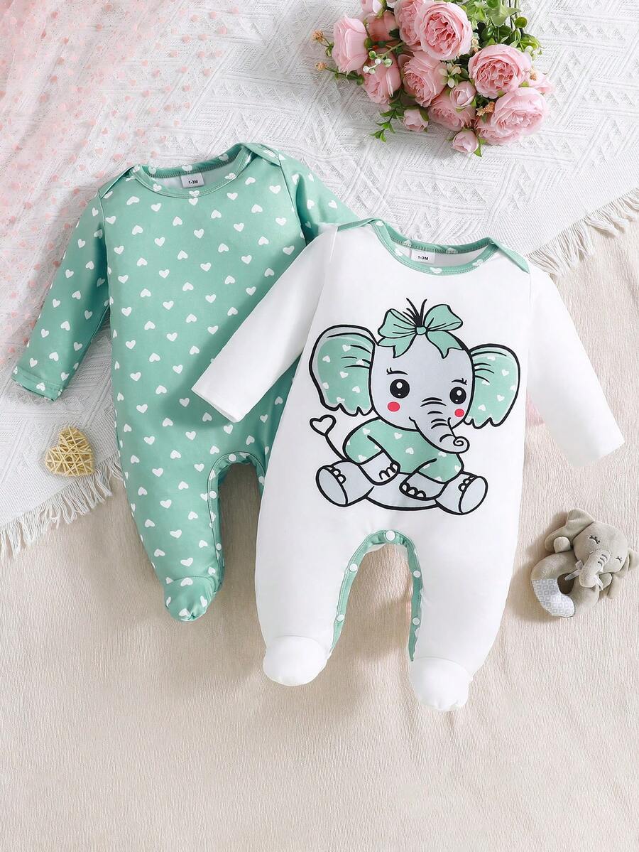 2件套女婴爱心大象印花长袖连体衣，四季皆宜 - 綠色 - 查看 1