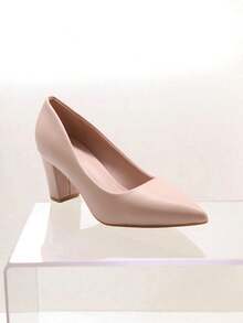 Tacones altos de unicolor para oficina, fiesta y vacaciones, de piel sintética PU para uso diario - Desnudo - Ver 4