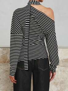 Top estivo da donna WOWDARK, T-shirt casual a maniche lunghe con spalle oblique a costine nera e bianca, adatta per feste di compleanno, feste, San Valentino, appuntamenti e altre occasioni - Bianco e nero - Visualizzare 6