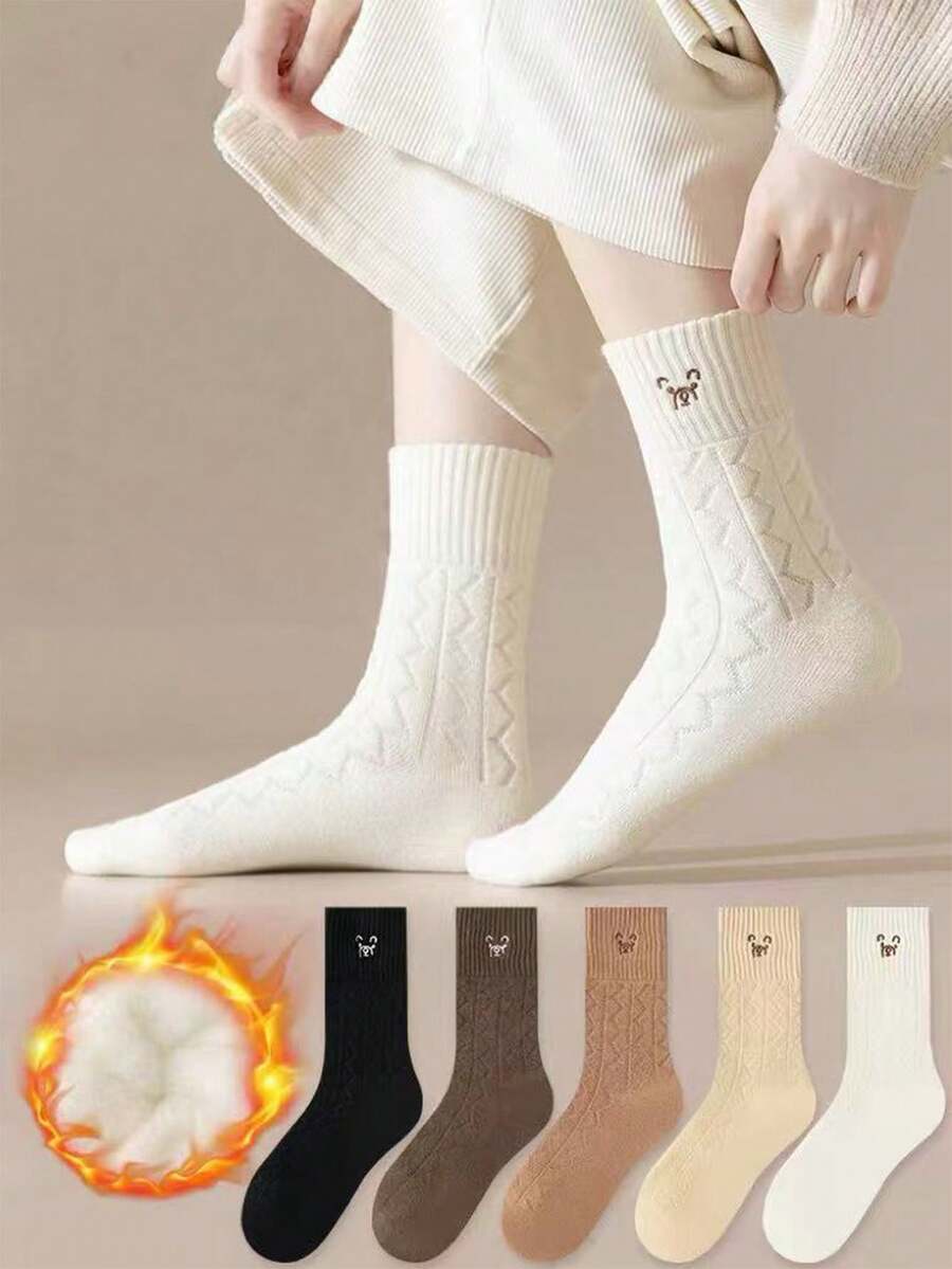 3 Pares de Meias Térmicas Forradas Altas até o Meio da Panturrilha com Padrão Aleatório de Urso, Outono/Inverno - Multicolorido - Visão 1