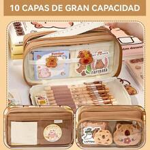 Estuche de papelera de gran capacidad con 4 compartimentos, estuche de lpices extrable, estuche de lpices de lona, caja de almacenamiento de papelera, adecuado para la escuela, la oficinaMarrn - Marrón - Ver 5