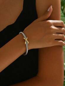 1pc Multi-Color Stainless Steel Wire 8-Shaped Open Bangle Bracelet, Simple & Fashionable C-Shape Adjustable Girls, Women, Family & Friends, Beautiful Wedding/Birthday Present - Nhiều màu - Xem 5