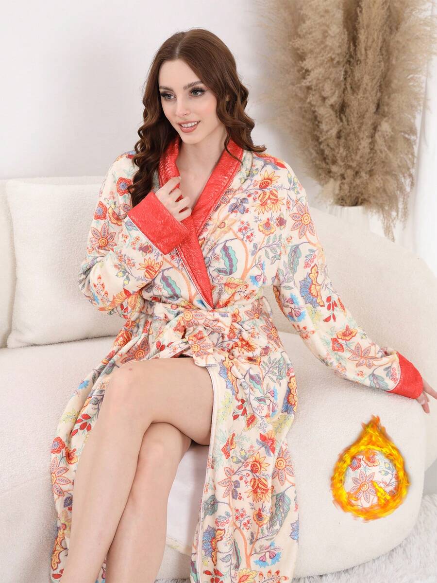 Autumn And Winter Women's Home Robe Plush Thick Lapel Tie Mid-Length Home Robe Floral Pattern Comfortable And Casual Atmosphere Pajamas Home Clothes - 混合色 - 查看 1