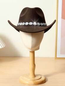 1 pieza Sombrero de vaquero de mujer con decoración de rhinestones, sombrero de fiesta de ala ancha a la moda, adecuado para viajes, fiestas, fiestas con temática de vaquero occidental y uso diario