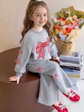 2pcs Girls Sweatshirt & Pants Set, Plaid Bow Embroidery Decor Sweatshirt + Straight Leg Pants Casual Outfit, Suitable For Autumn/Winter Daily Wear & Leisure Sports