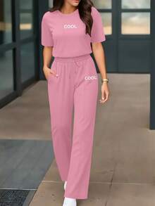 2pcs Women's Summer Set, Personalized Letter Print Round Neck Short Sleeve T-Shirt Paired With High Waist Drawstring Straight Leg Pants - Pink - View 2