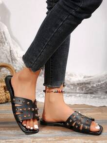 2025年夏季新款万圣节派对女式方头平底凉鞋，铆钉镶嵌，时尚、舒适、优雅，适合搭配连衣裙、牛仔裤、紧身裤、度假、旅行、海滩等场合 - 黑色 - 查看 2